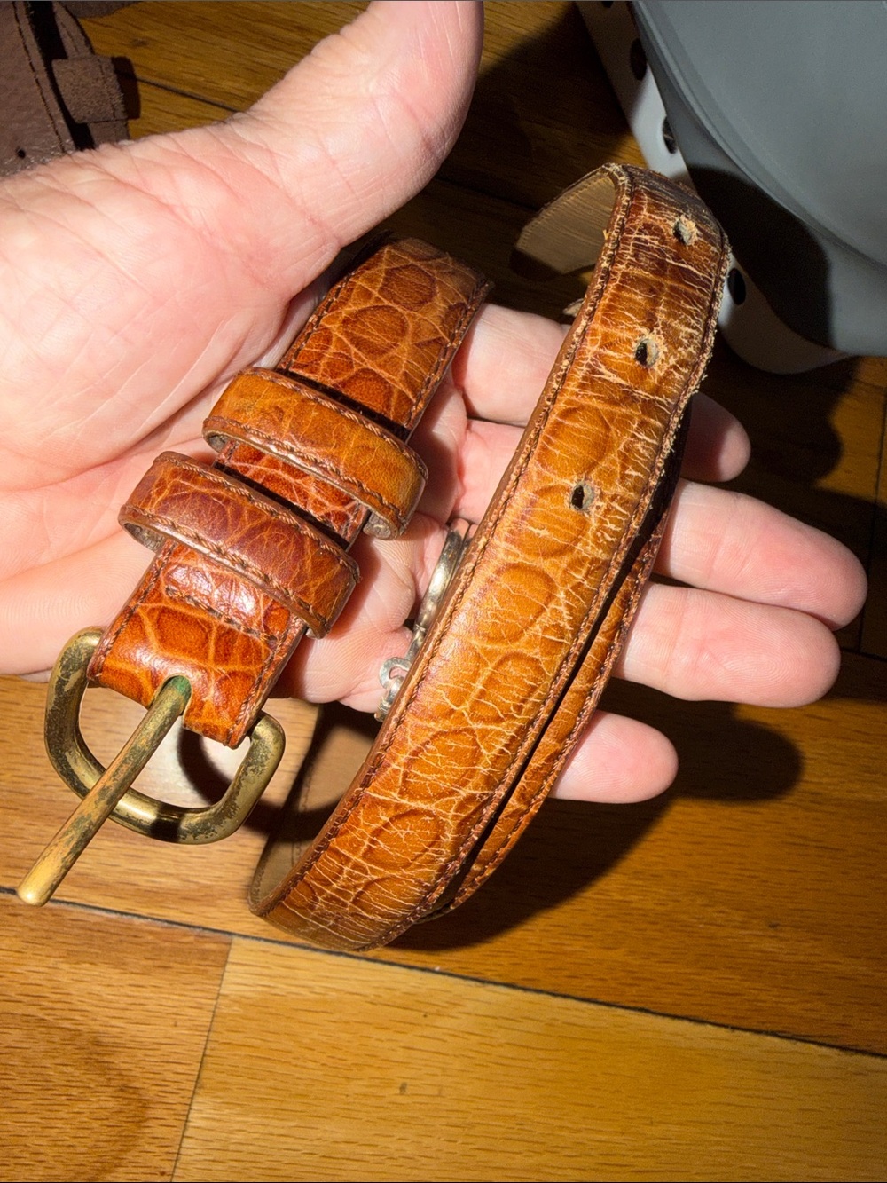 Men's Leather Belt - Brown Croc-Embossed with Brass Buckle